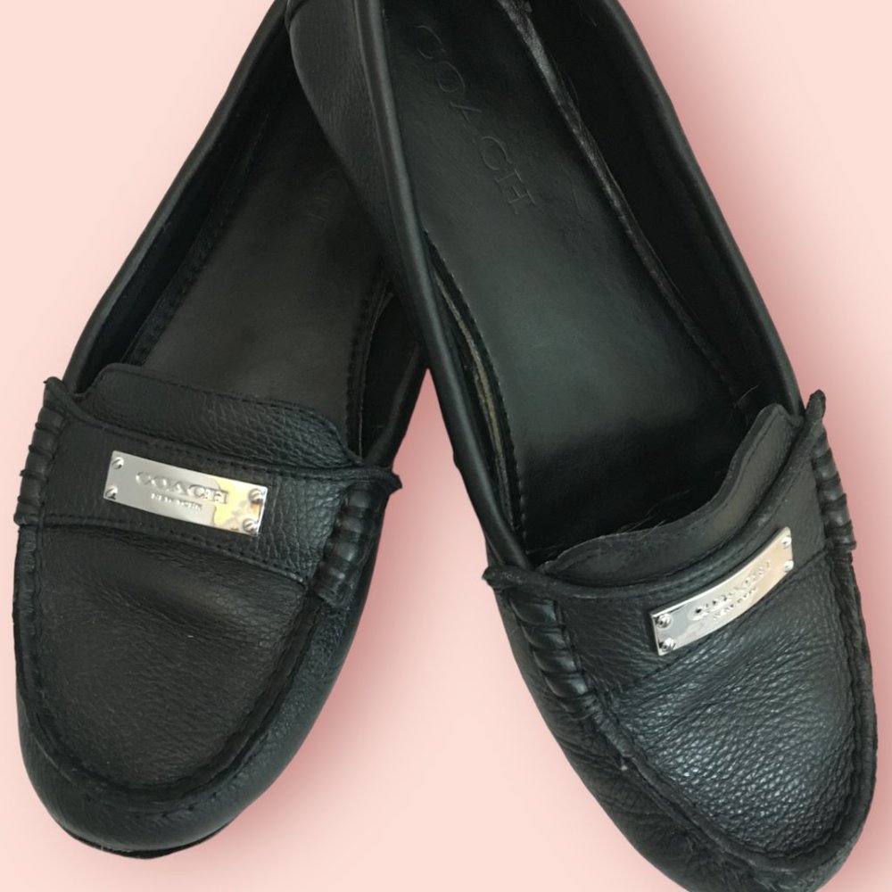 Coach Black Soft Pebble Grain Leather Loafers w/ Silver Vamp Medallion